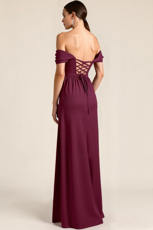 Burgundy Formal ​Wedding Bridesmaid Dress A-Line Lace-Up Maxi Dress
