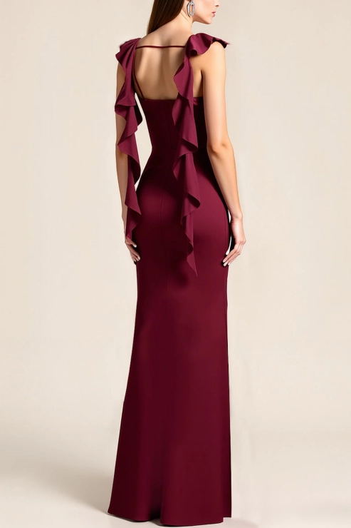 Formal ​Wedding Bridesmaid Dress Burgundy Cowl Neck Satin Maxi Dress with Ruffle