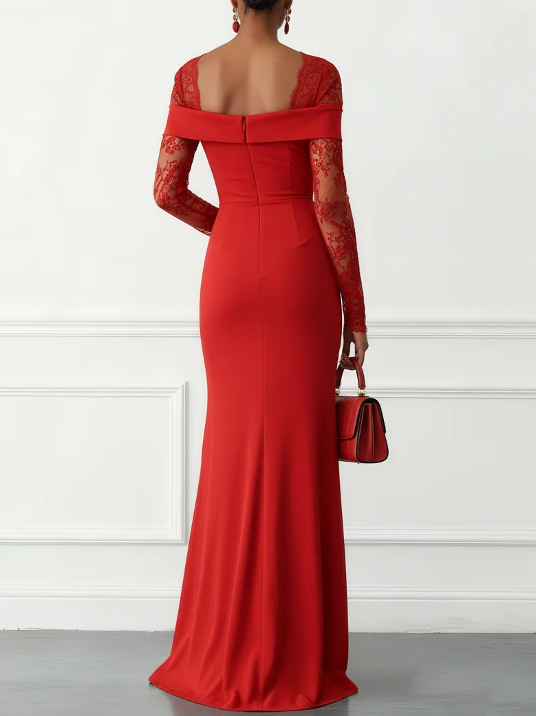Red Lace Knit Square Neck Long Sleeve Bodycon Maxi Dress