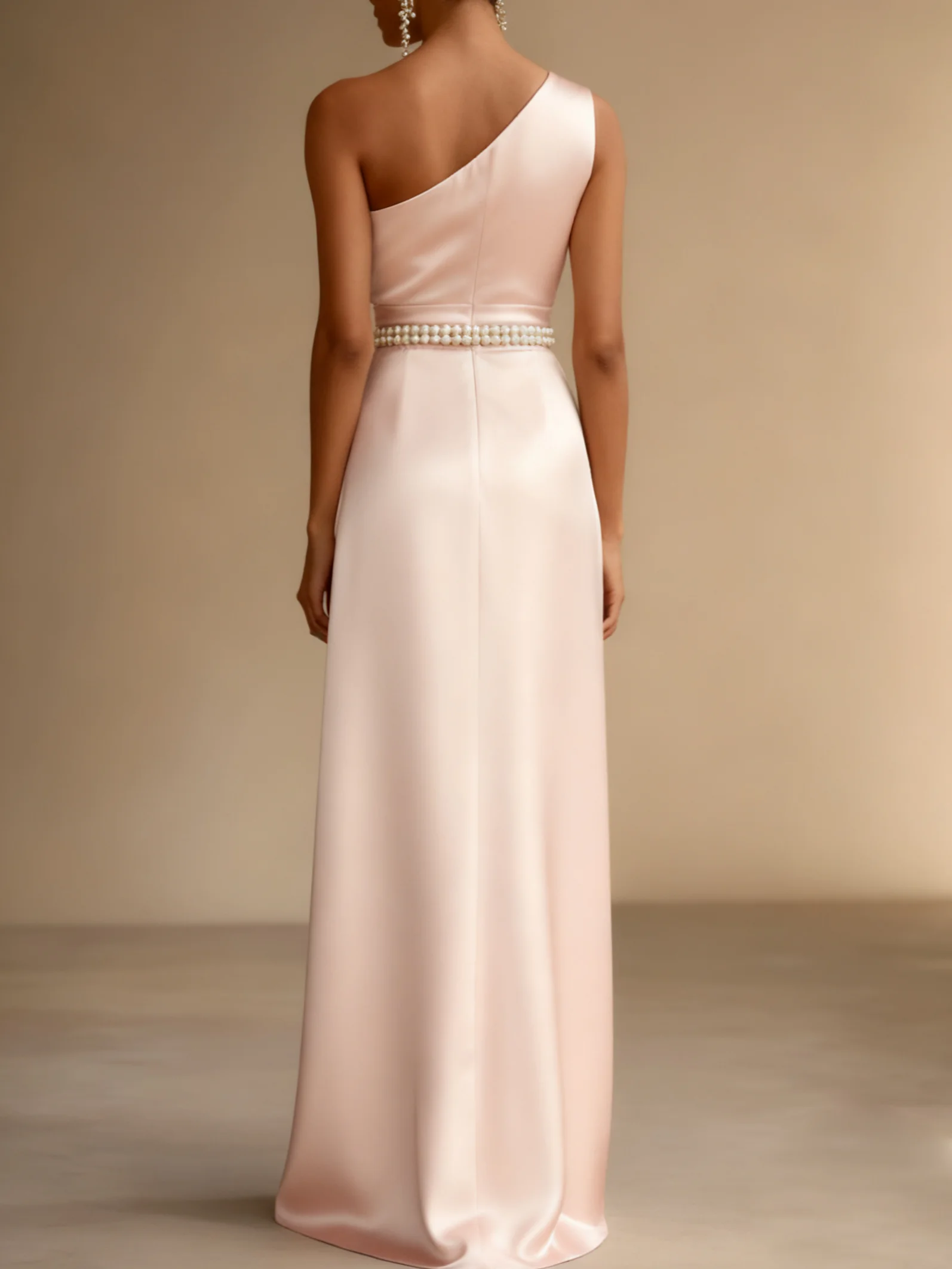 Pink Pearl Satin One Shoulder Sleeveless A-Line Gown Dress