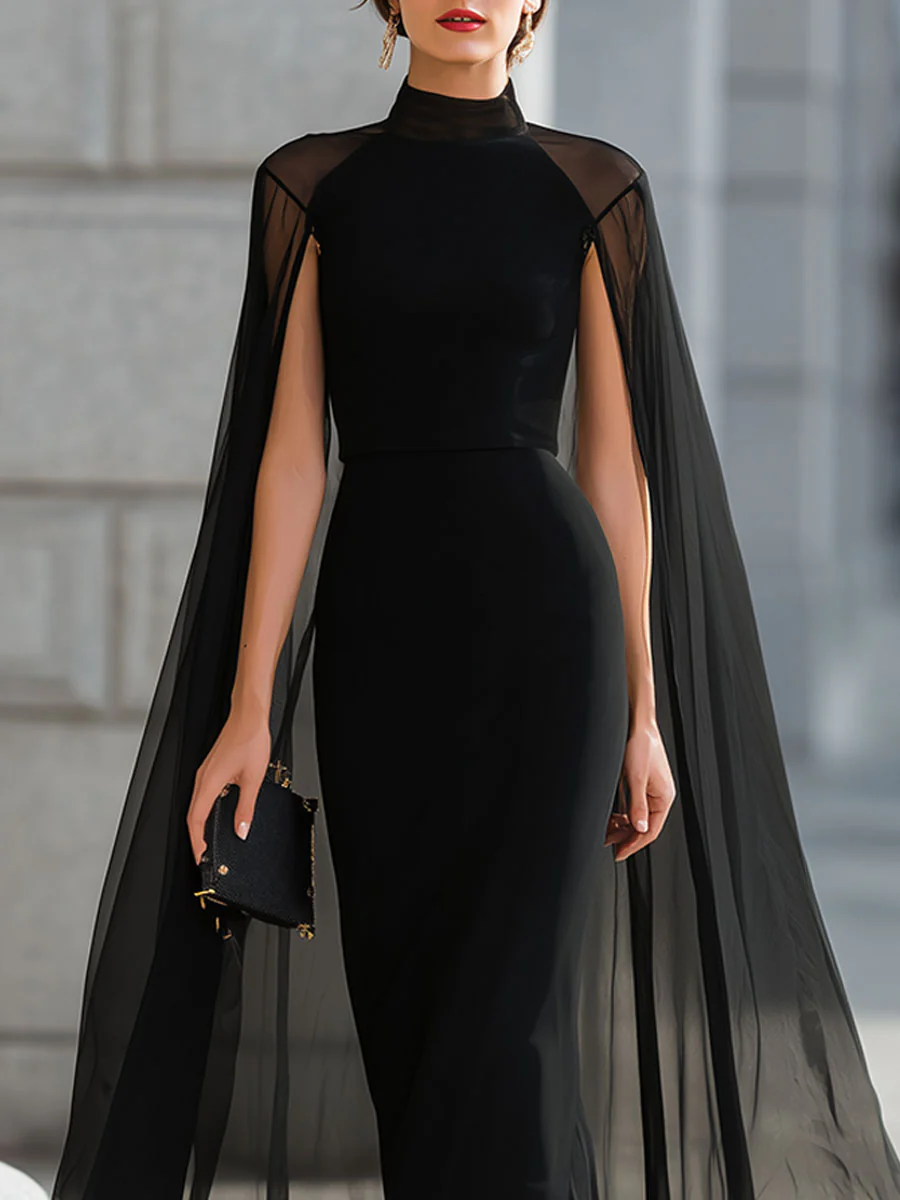 Black High Neck Sheer Capelet Mermaid Gown