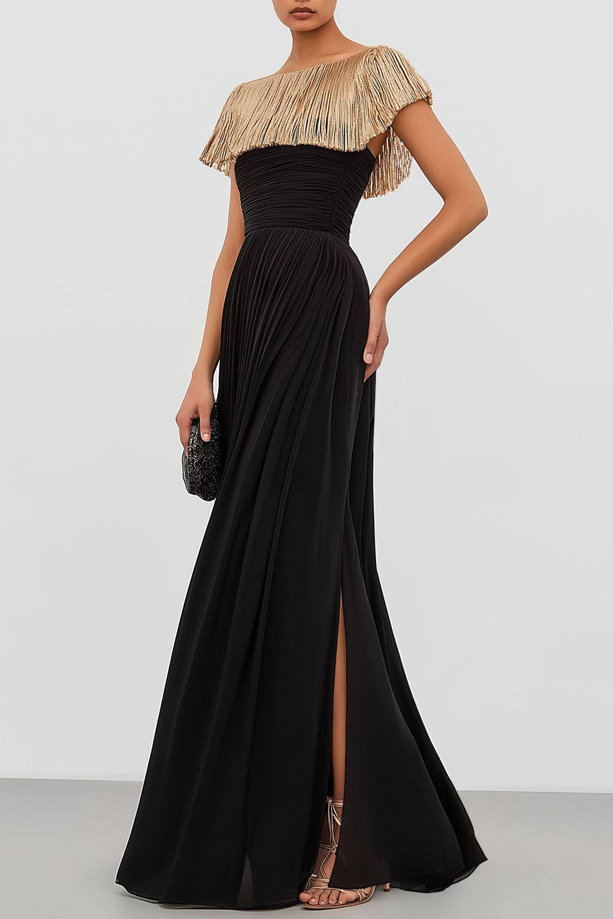 Formal Fringe Dress Boat Neck Black Gold Color Block Ruched Slit Gown