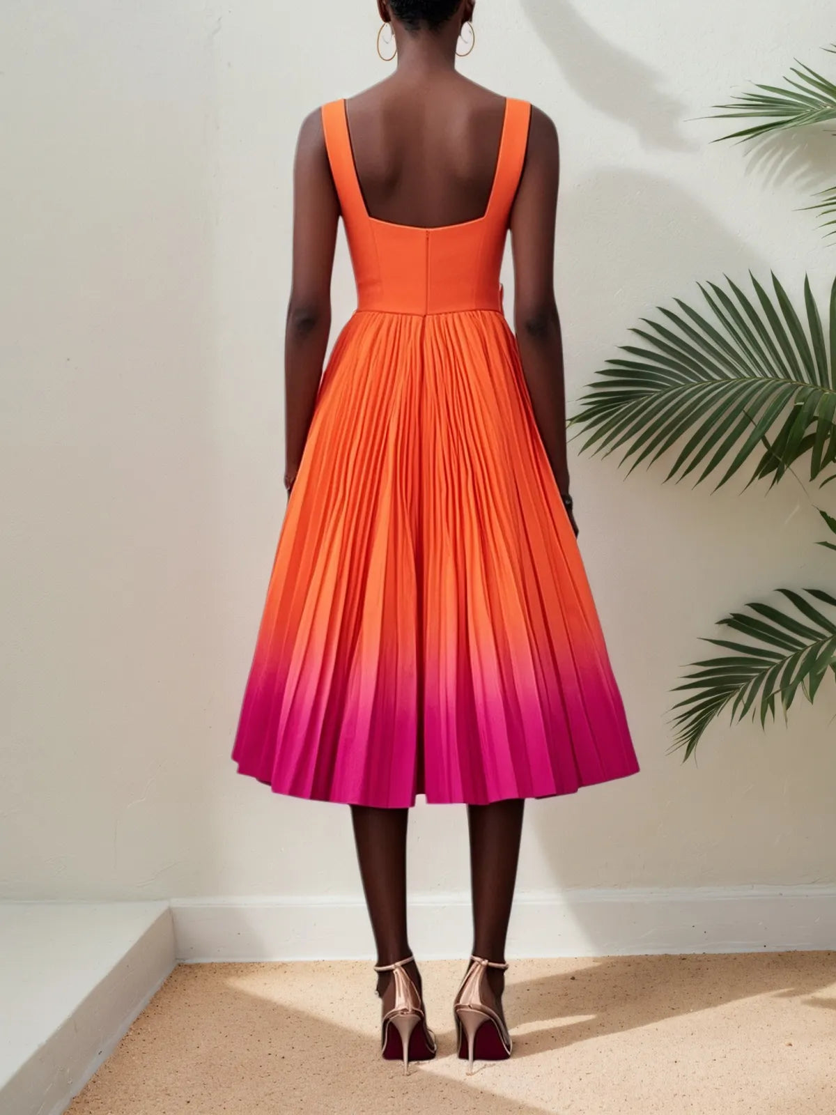 Orange Pleated Classic Square Neck Sleeveless A-Line Midi Dress
