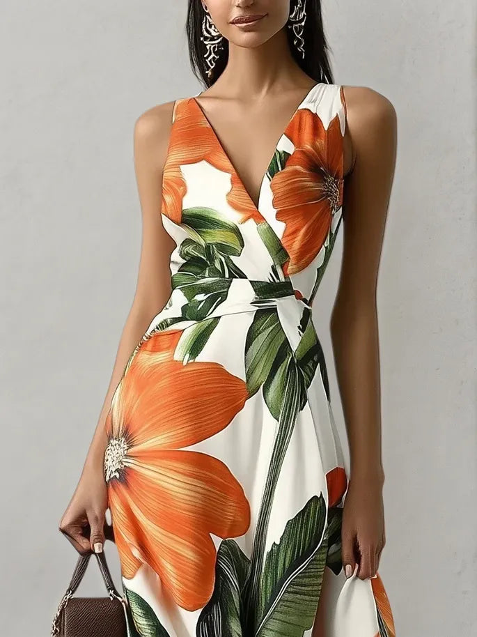 Orange Floral Classic V Neck Sleeveless A-Line Maxi Dress