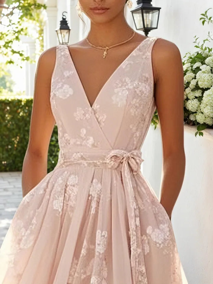Light Pink Embroidered V Neck Sleeveless A-Line Midi Dress
