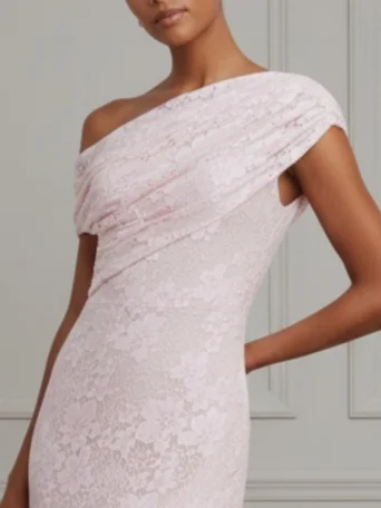 Pink Ruched Lace Off The Shoulder Short Sleeve Sheath Maxi Dress