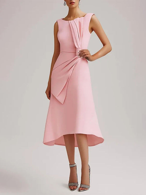 Wedding Guest Pink Dress Round Neck Sleeveless Bow Midi Dress