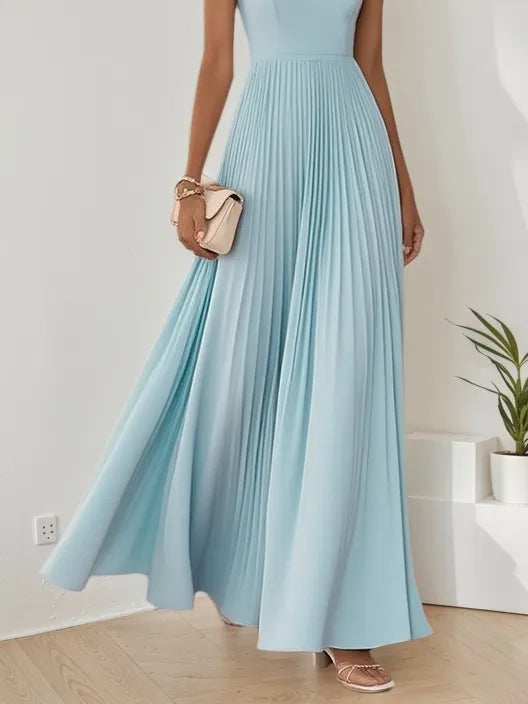 Light Blue Pleated Square Neck Sleeveless A-Line Maxi Dress