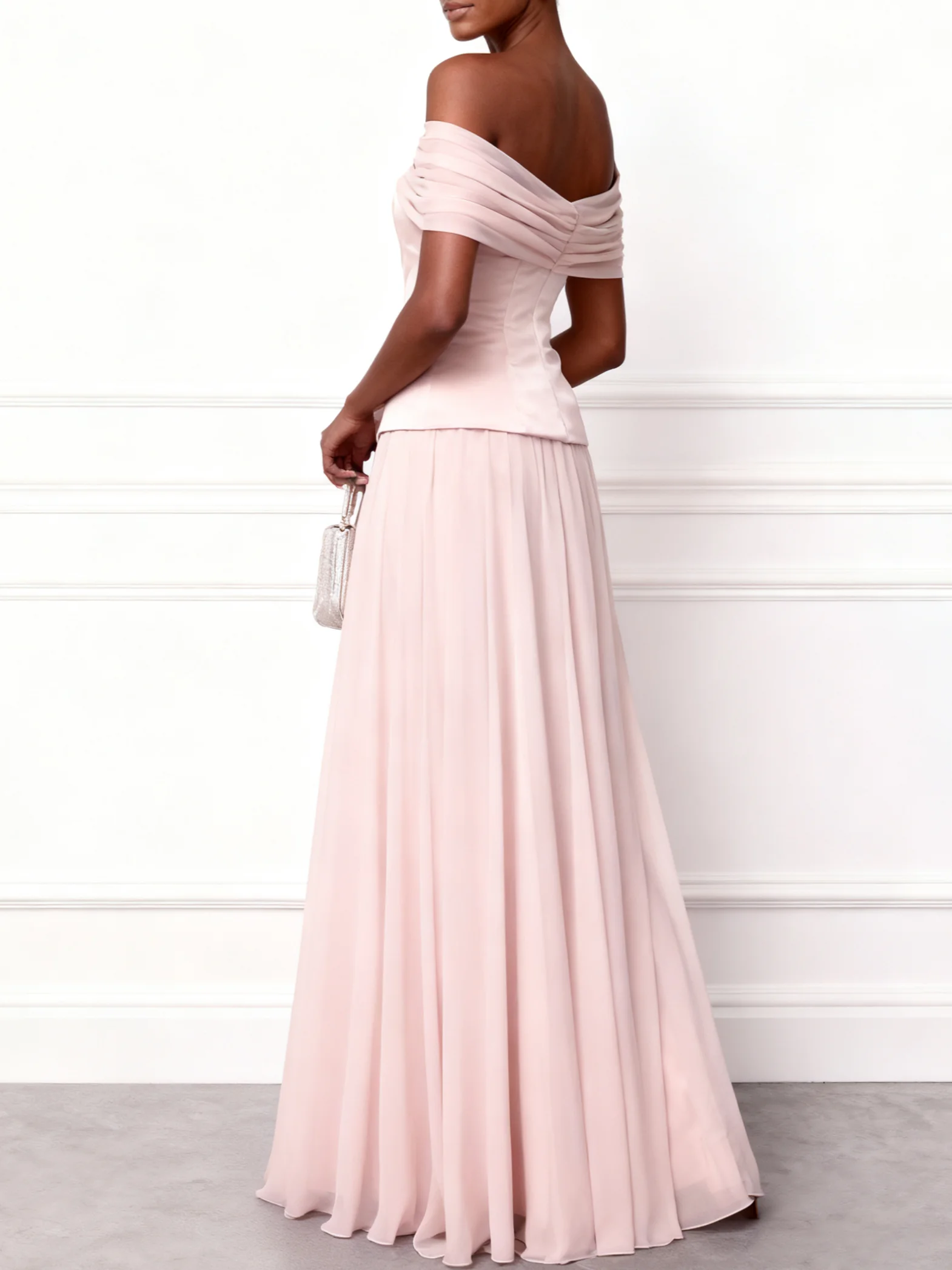 Pink Split Joint Chiffon Satin Off The Shoulder Sleeveless A-Line Maxi Dress