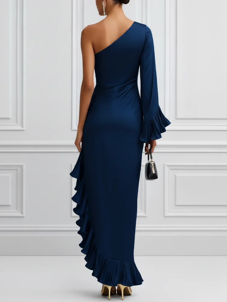 Navy Blue Pleated Ruffled Satin One Shoulder Long Sleeve Bell Sleeve Sheath Maxi Dress