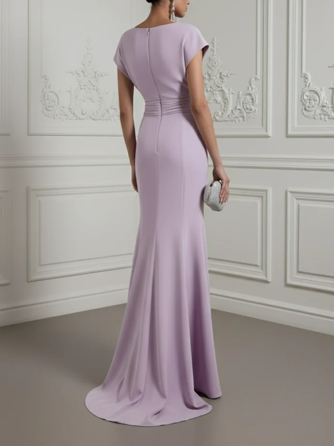 Lavender Ruched Classic Boat Neck Short Sleeve Raglan Sleeves Mermaid Gown Dress