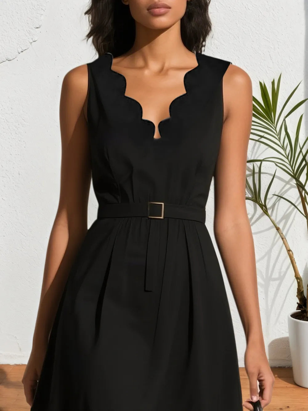 Black Devore Classic V Neck Sleeveless A-Line Midi Dress