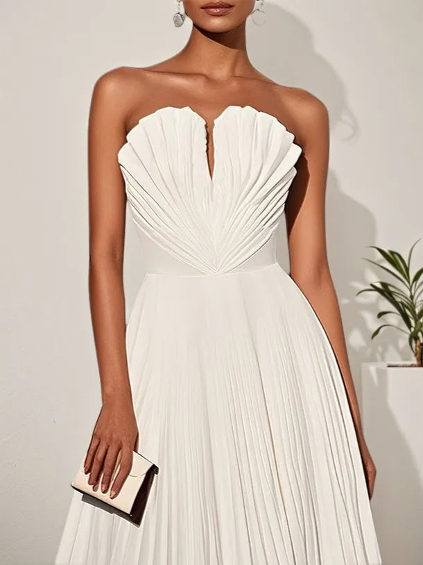 White Pleated Classic Strapless Sleeveless A-Line Midi Dress
