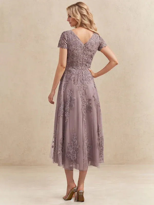 A-line Scoop Tea-Length Tulle Lace Mother of the Bride Dress