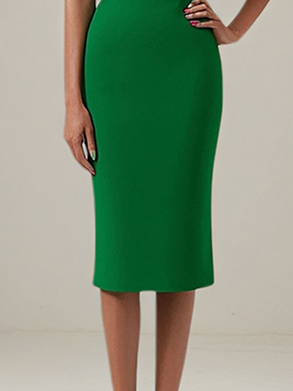 Green Daily Semi-Formal Dress Round Neck Short Sleeves Tea Length Dress