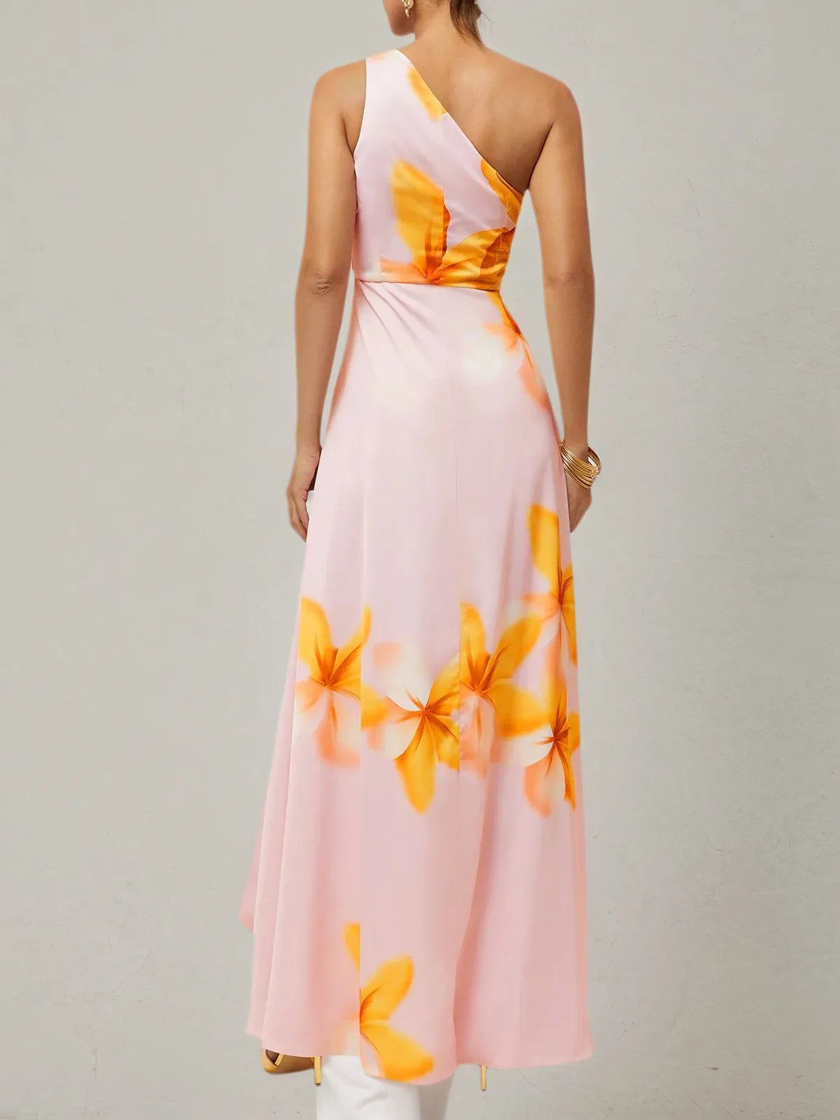 Orange Pink Floral One Shoulder Slit A Line Gown