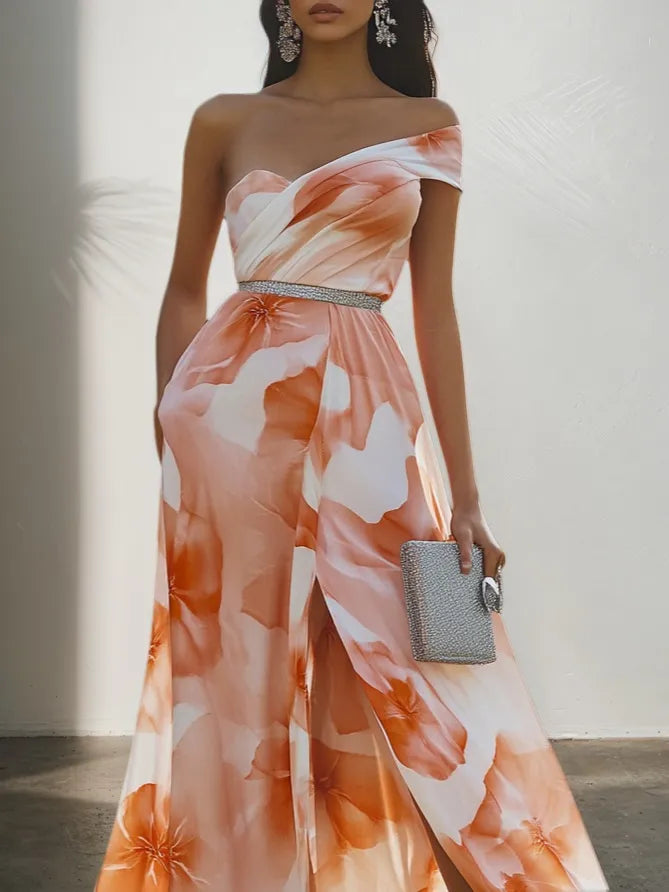 Orange Multicolor Floral Rhinestone Slit Chiffon One Shoulder Sleeveless A-Line Maxi Dress