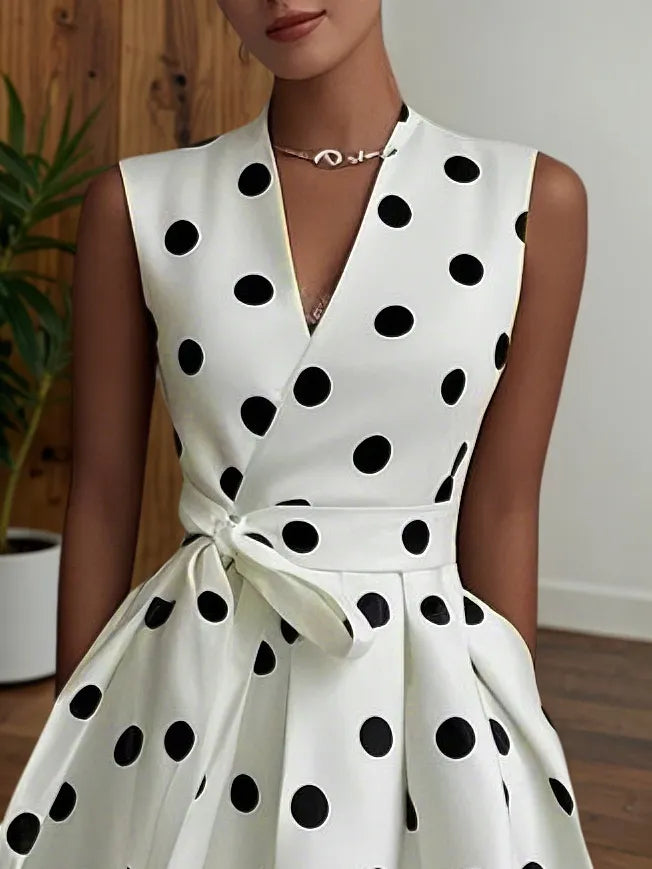 White Polka Dots V Neck Sleeveless A-Line Midi Dress