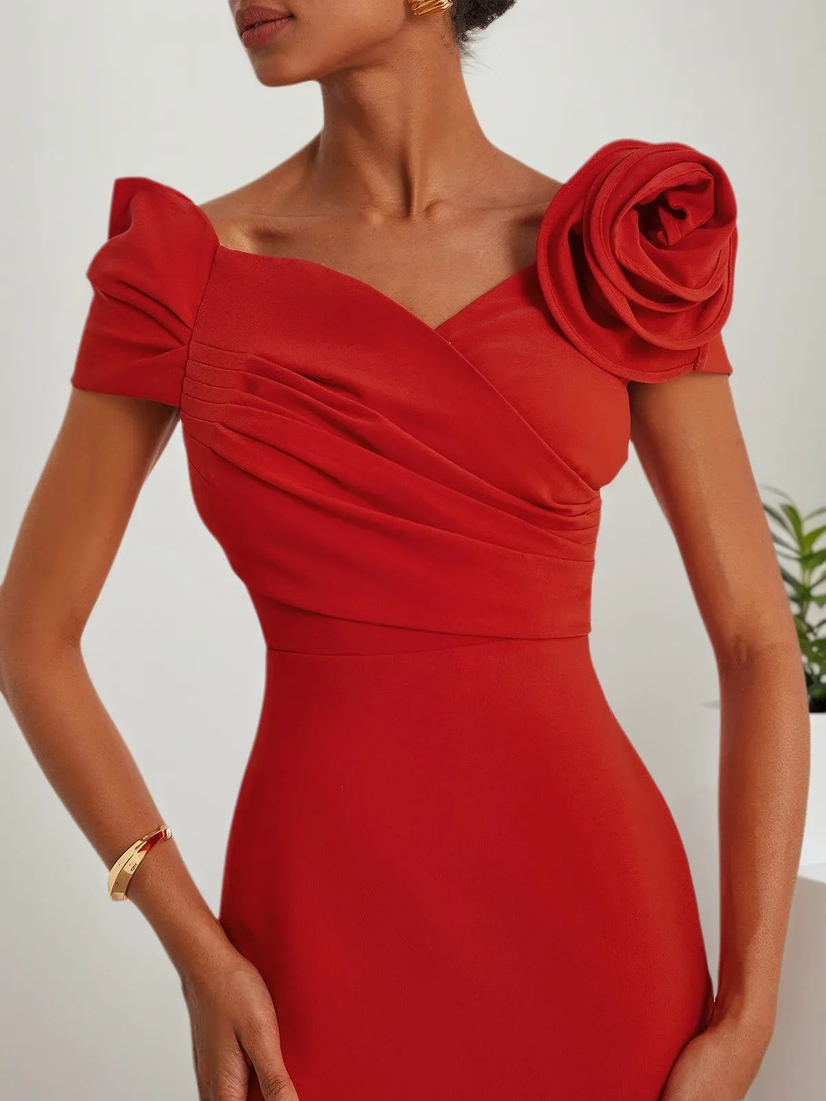 Red 3D Floral Off The Shoulder Mermaid Midi Dress