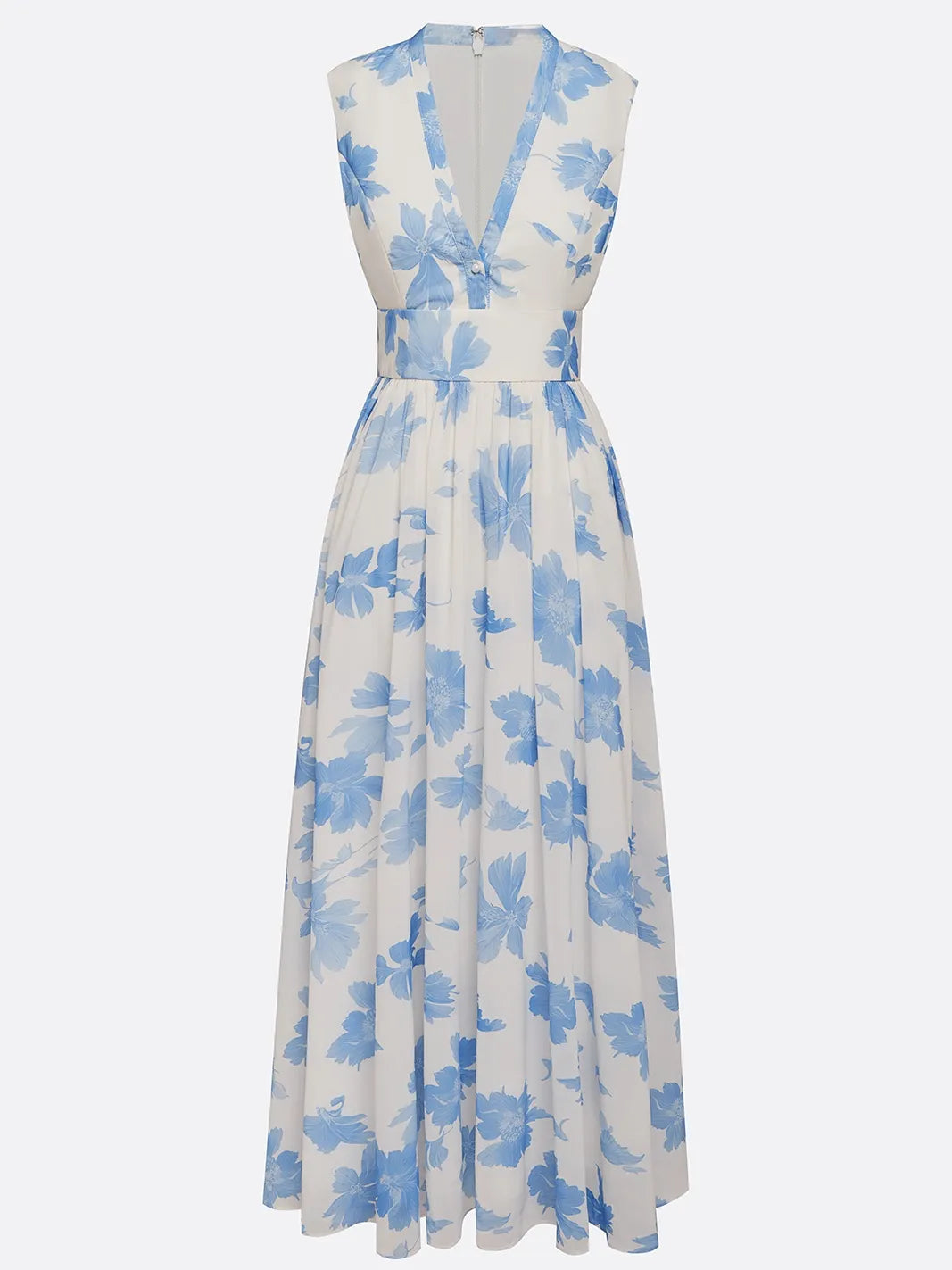Light Blue Chiffon Floral V Neck Sleeveless A-Line Maxi Dress