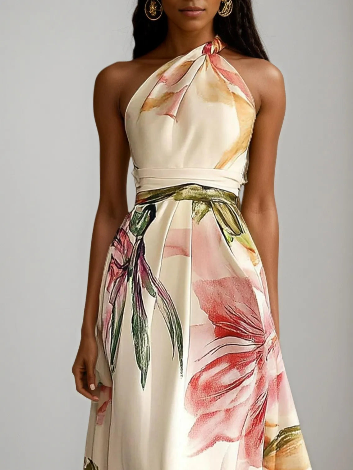 Pink Floral Satin One Shoulder Sleeveless A-Line Maxi Dress