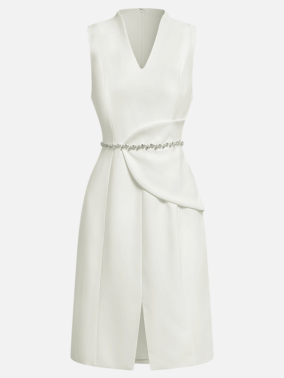 White V Neck Sleeveless Rhinestone A-Line Midi Dress