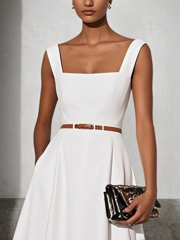 White Lace Classic Square Neck Sleeveless A-Line Maxi Dress