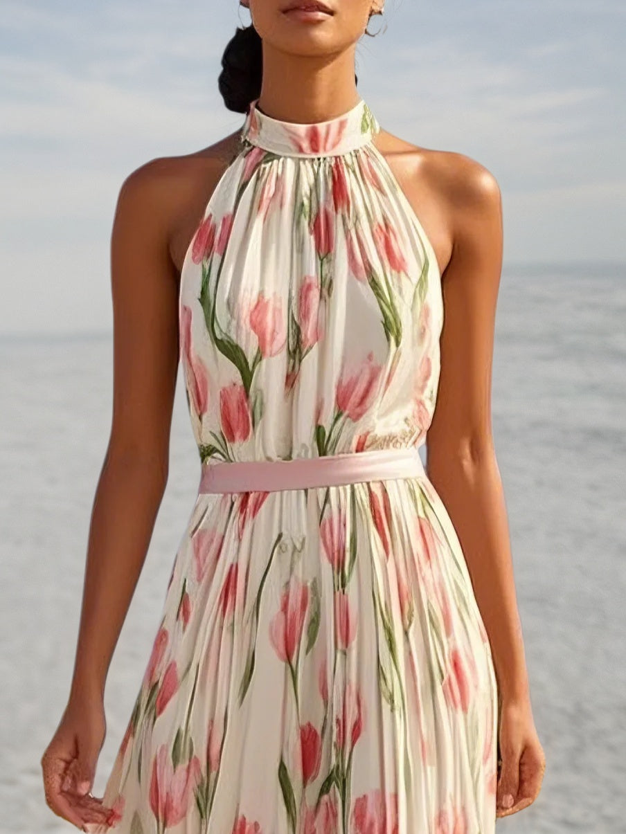 Pink Pleated Floral Chiffon Halter Sleeveless A-Line Mock Neck Maxi Dress