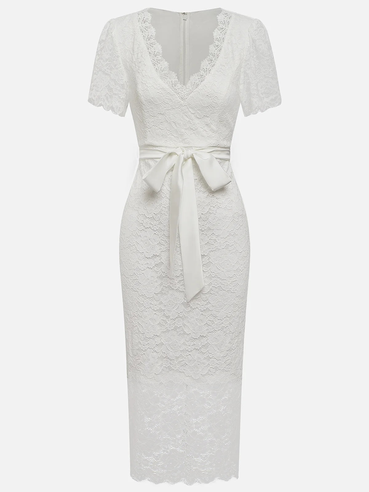 White Bow Lace V Neck Short Sleeve Sheath Midi Dress