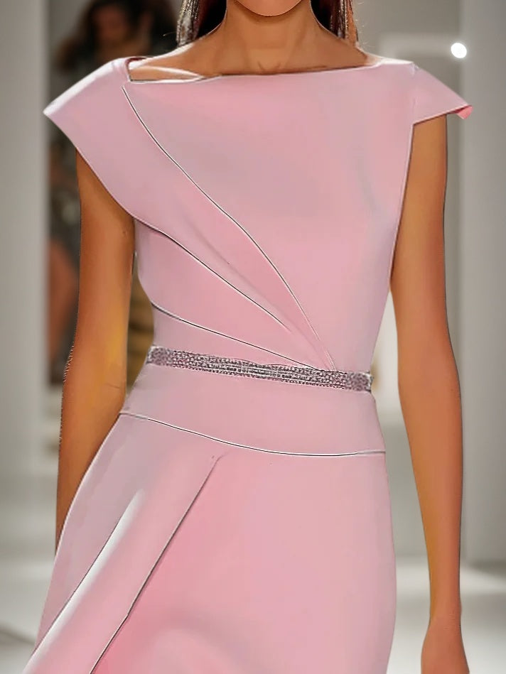 Pink Asymmetrical Neck Cap Sleeve Rhinestone A-Line Midi Dress