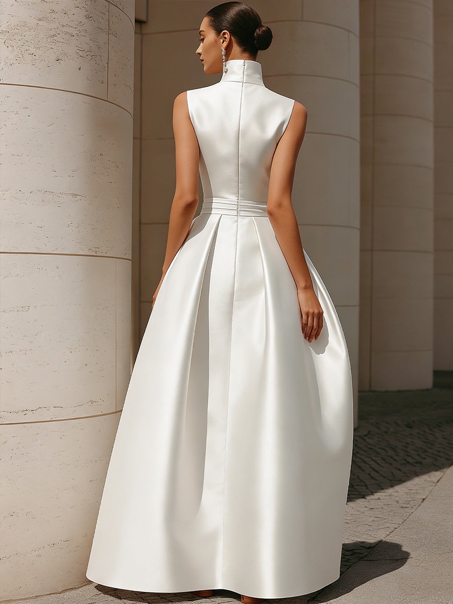 White Ethereal High-Neck Sleeveless Satin A-Line Evening Gown
