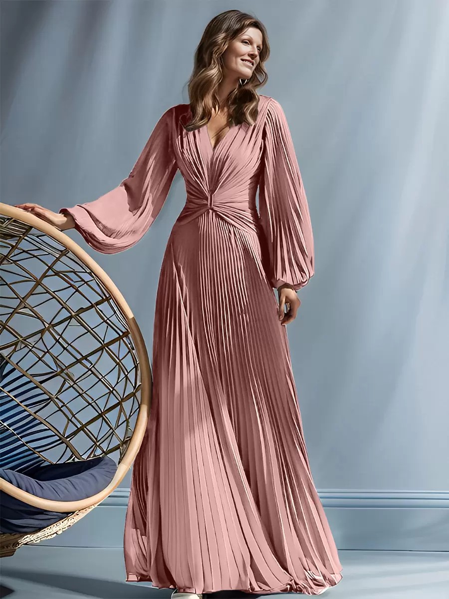 V-Neck Long Sleeve Pleated Chiffon Evening Gown