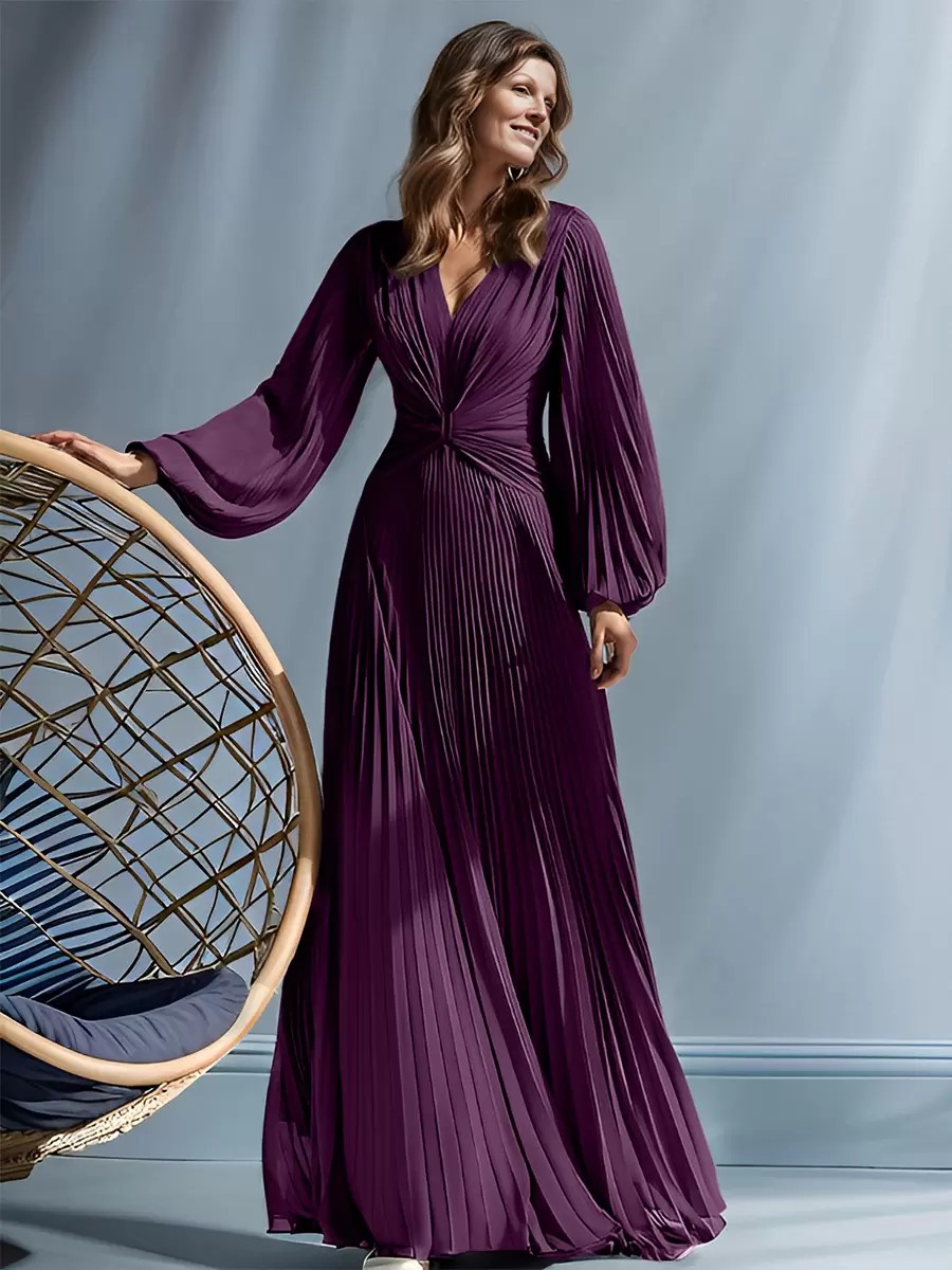 V-Neck Long Sleeve Pleated Chiffon Evening Gown