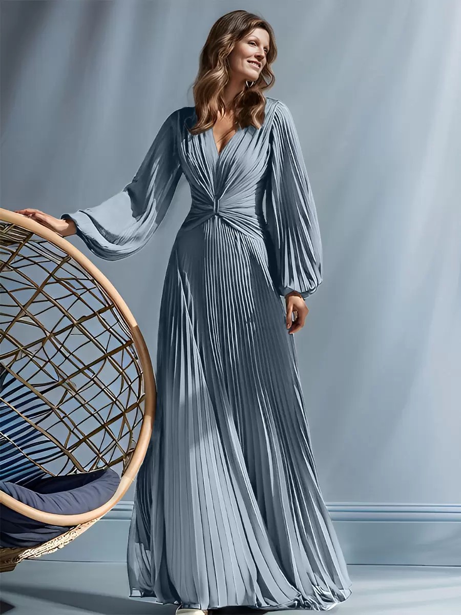 V-Neck Long Sleeve Pleated Chiffon Evening Gown