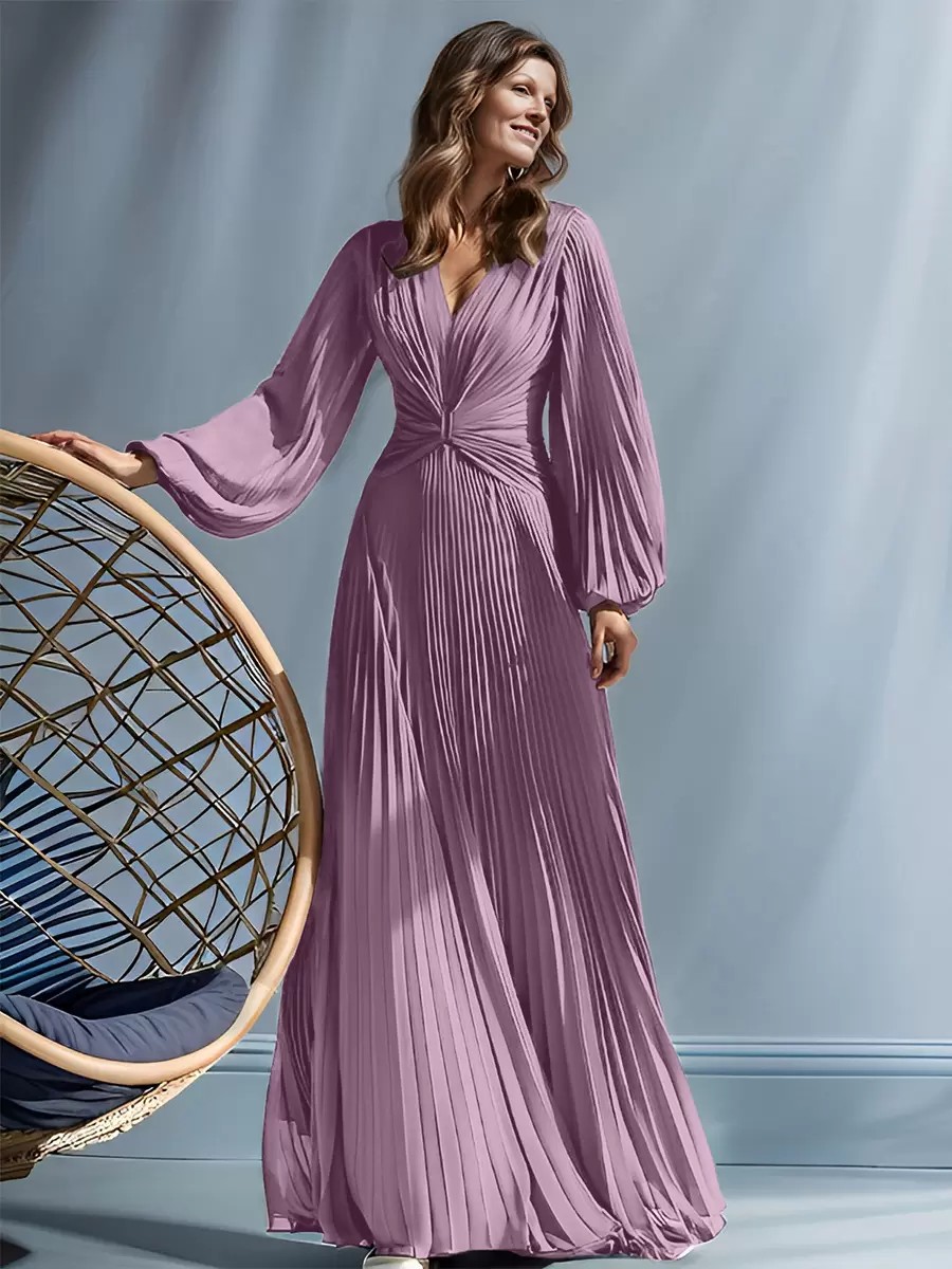V-Neck Long Sleeve Pleated Chiffon Evening Gown