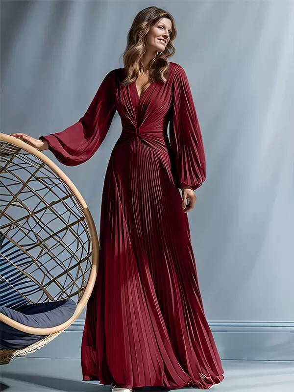 V-Neck Long Sleeve Pleated Chiffon Evening Gown