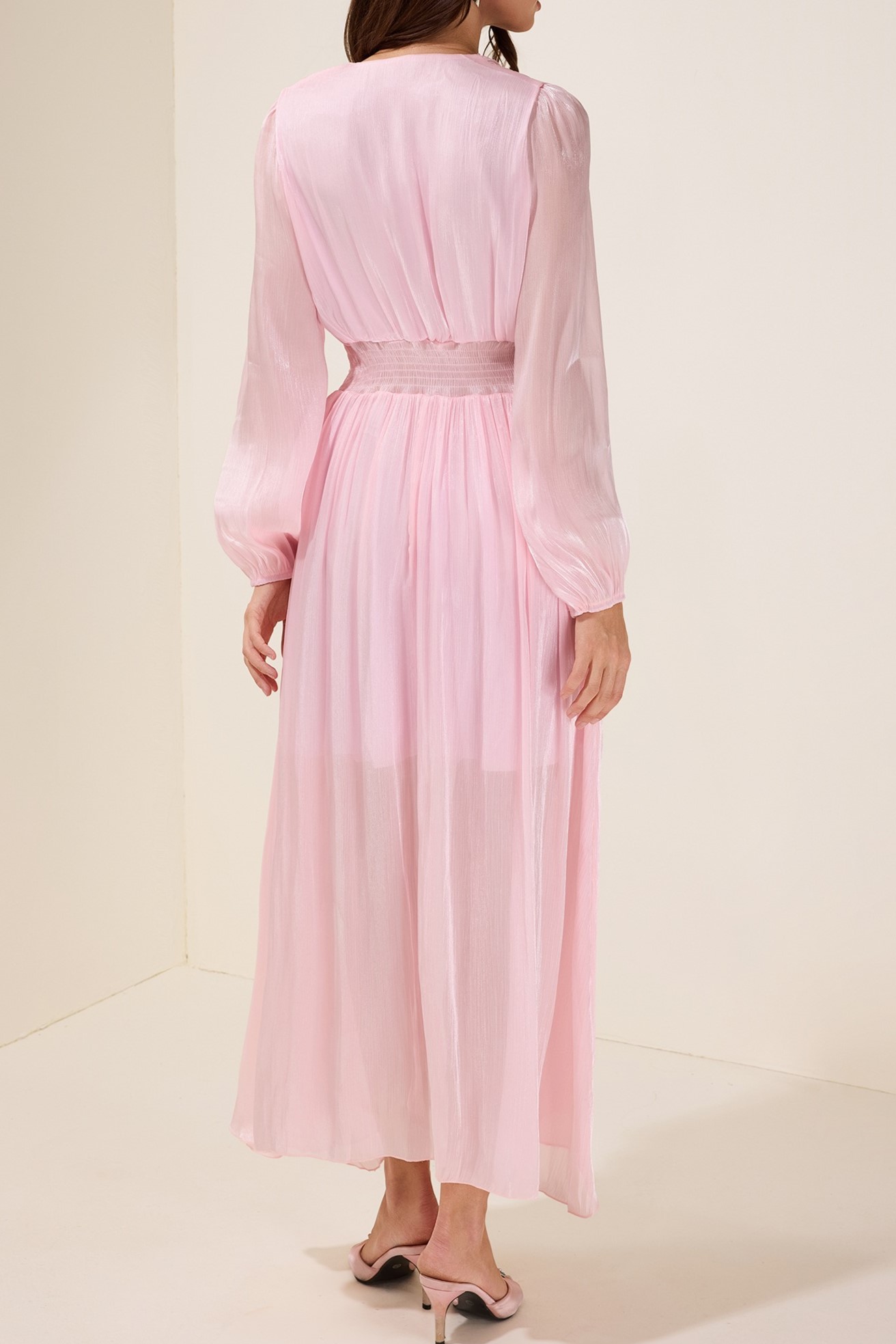 Pink Solid Rivet Ruffle Midi Dress