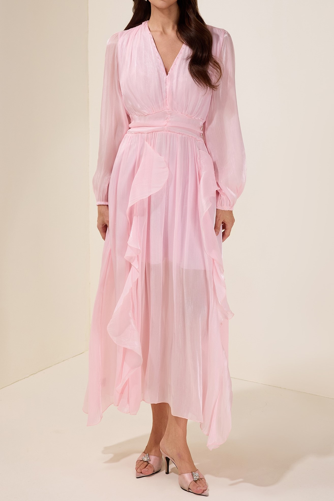 Pink Solid Rivet Ruffle Midi Dress