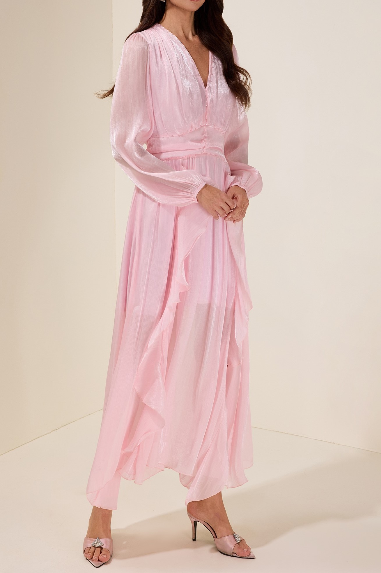 Pink Solid Rivet Ruffle Midi Dress