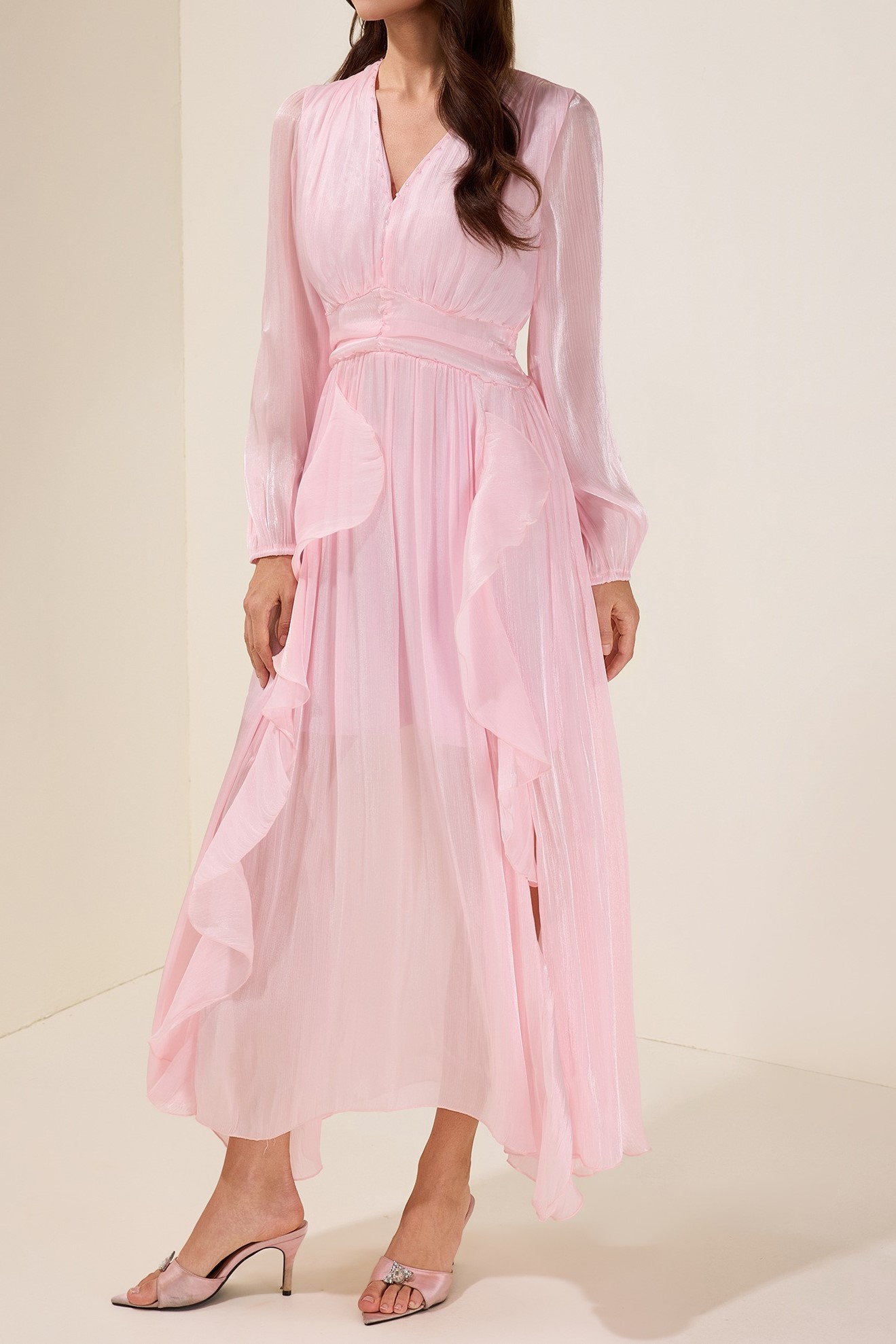 Pink Solid Rivet Ruffle Midi Dress