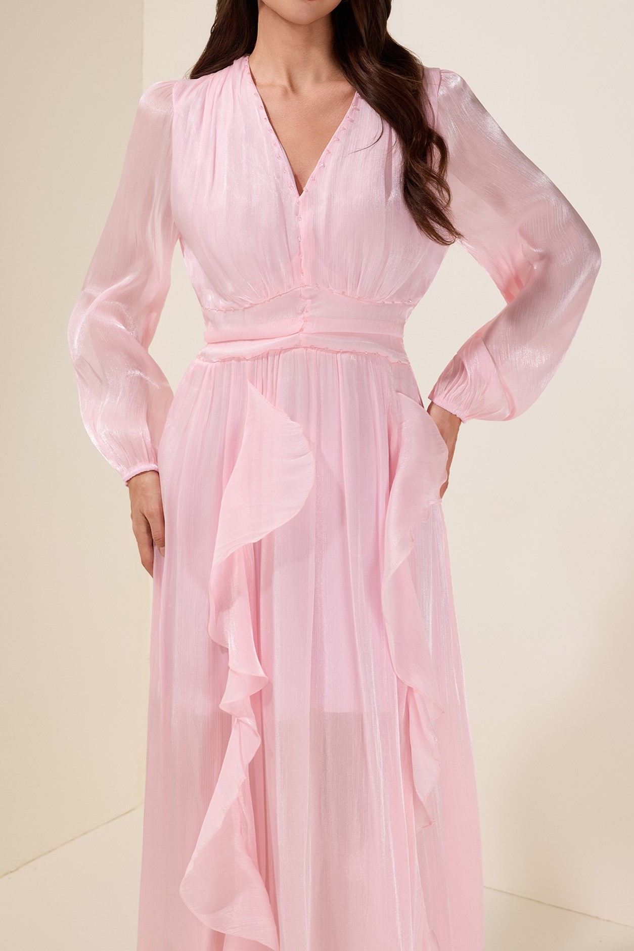 Pink Solid Rivet Ruffle Midi Dress