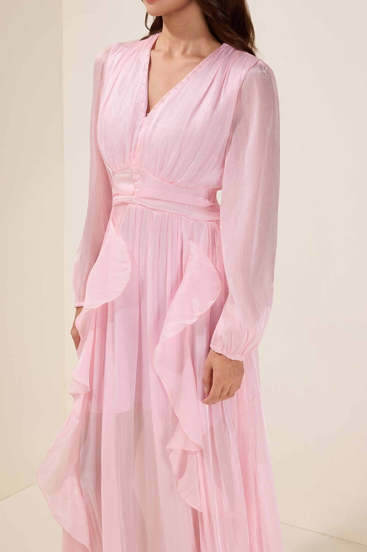 Pink Solid Rivet Ruffle Midi Dress