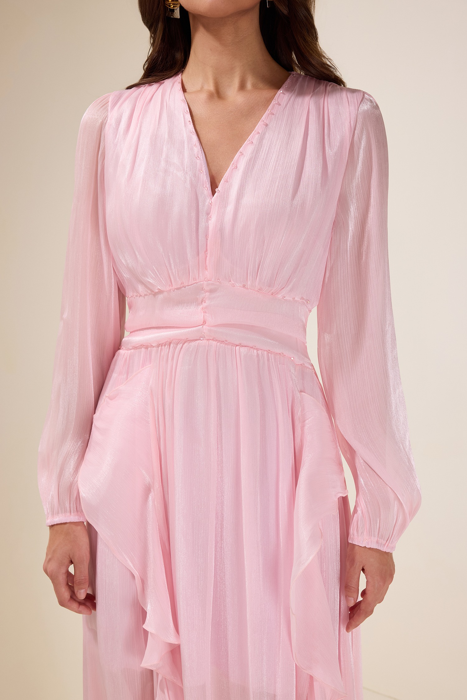 Pink Solid Rivet Ruffle Midi Dress