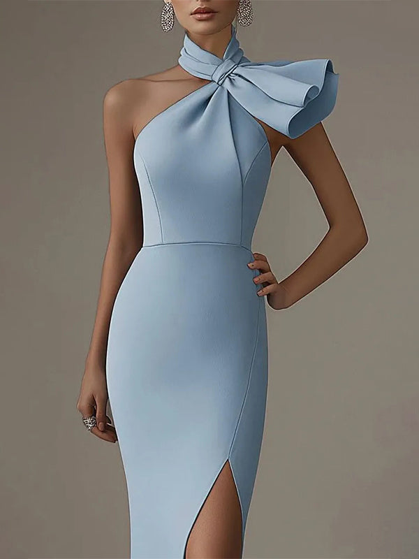 Semi-Formal Party Dress Light Blue Halter Tie Neck Side Slit Maxi Dress