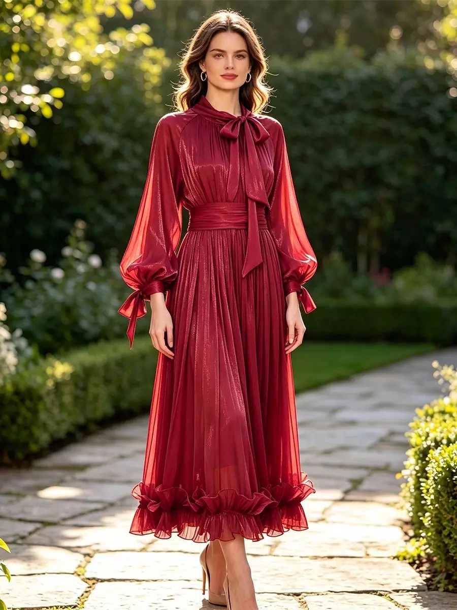 Bow Tie Neck Long Sleeve Pleated Metallic Maxi Dress