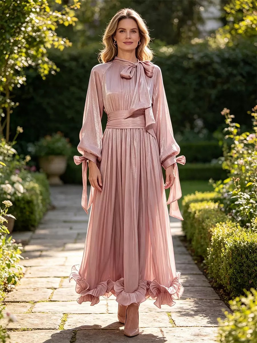 Bow Tie Neck Long Sleeve Pleated Metallic Maxi Dress