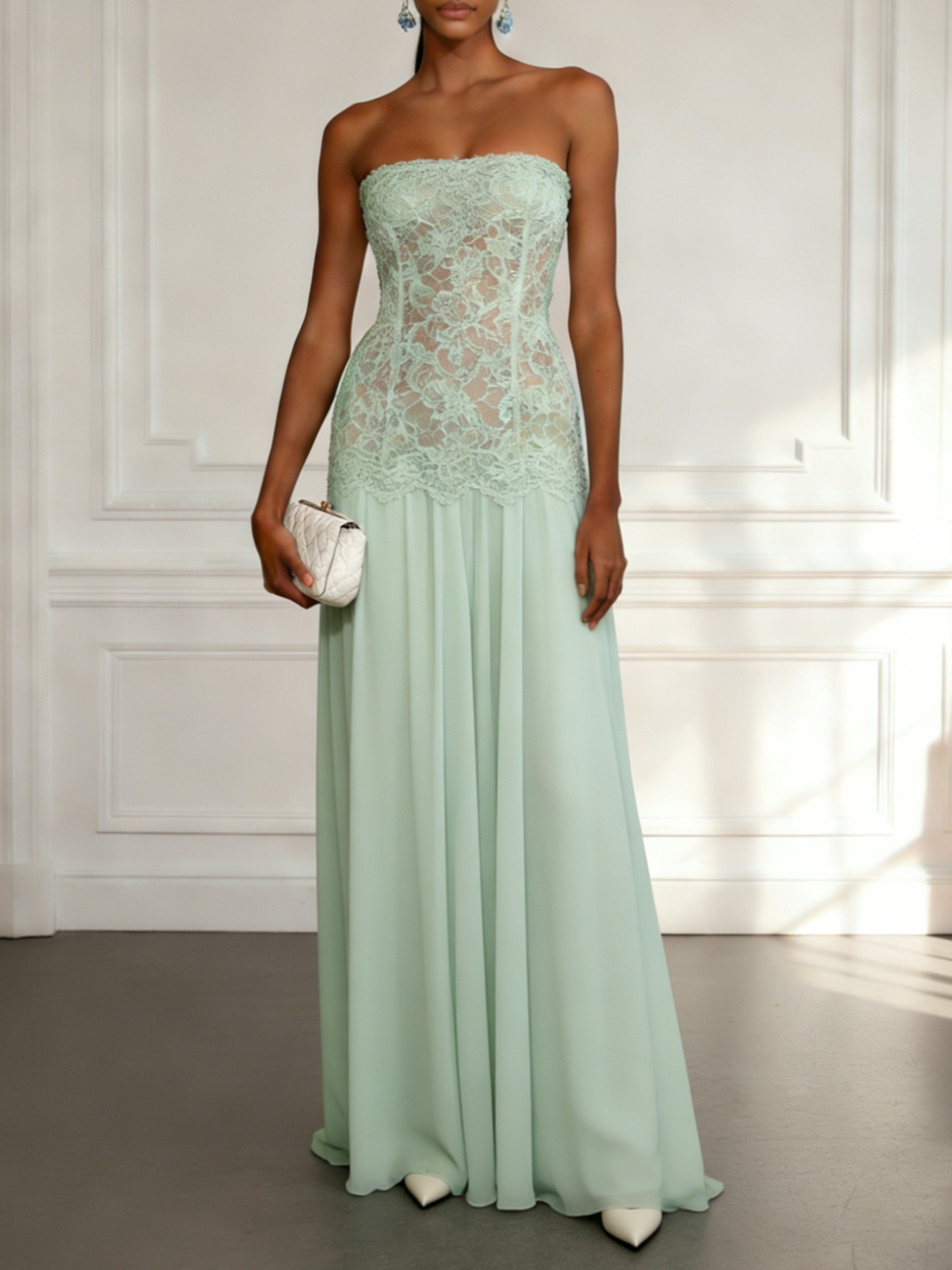 Light Green Lace Chiffon Strapless Sleeveless A-Line Maxi Dress