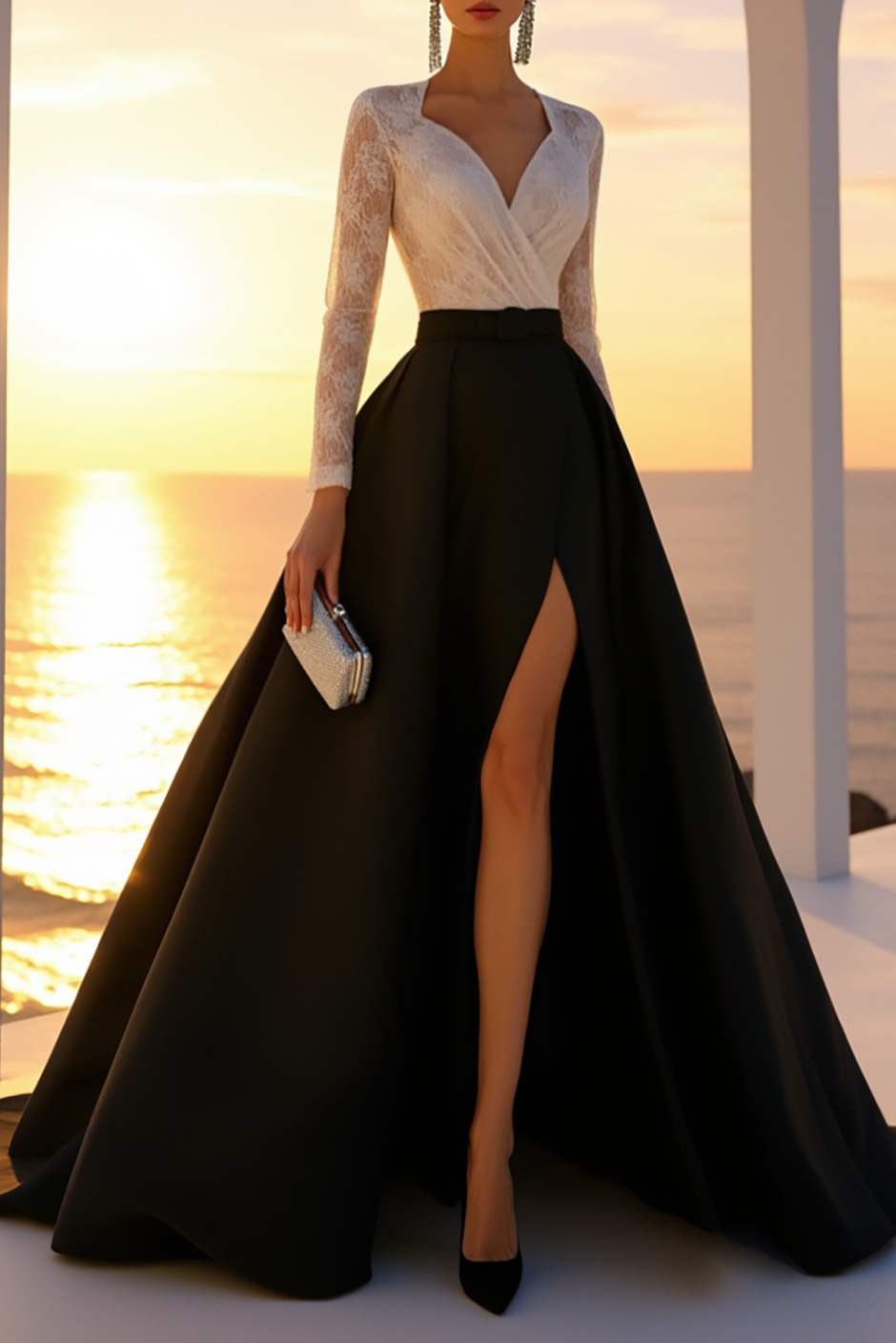 Evening Dress Black White Lace V-Neck Long Sleeve High Slit Maxi Gown