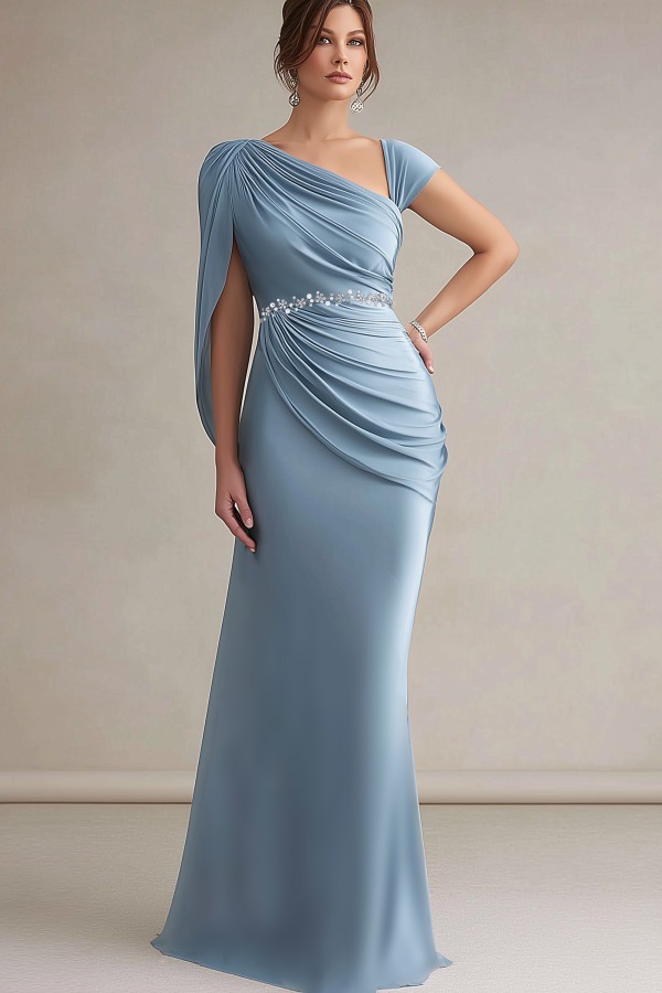Fall Wedding Guest Dress Blue Asymmetrical Neck Maxi Dress