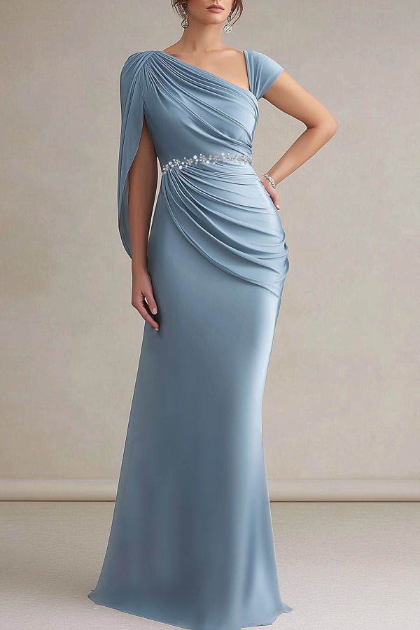 Fall Wedding Guest Dress Blue Asymmetrical Neck Maxi Dress